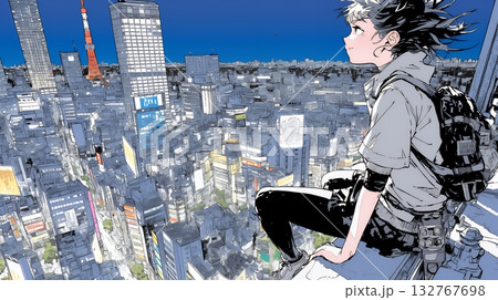 都市の夜景を眺めている女性