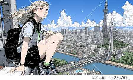 都市のランドスケープを眺めている若い女性