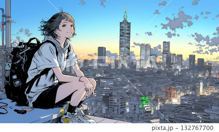 夕暮れ（朝の）都市のランドスケープを眺めている若い女性