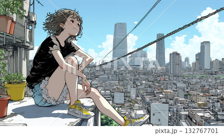 都市のランドスケープを眺めている若い女性