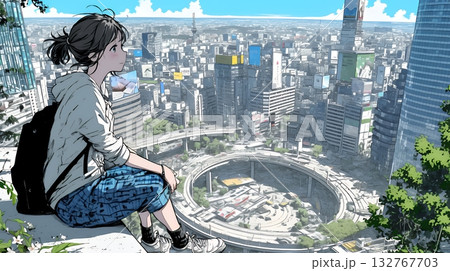 都市のランドスケープを眺めている若い女性 都市のランドスケープを眺めている若い女性 132767703