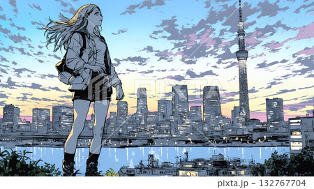 夕暮れ(朝の)都市のランドスケープを眺めている若い女性 夕暮れ(朝の)都市のランドスケープを眺めている若い女性 132767704