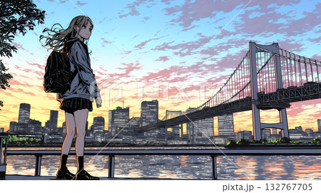 夕暮れ(朝の)都市のランドスケープを眺めている若い女性 夕暮れ(朝の)都市のランドスケープを眺めている若い女性 132767705