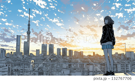 夕暮れ（朝の）都市のランドスケープを眺めている若い女性