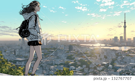 夕暮れ（朝の）都市のランドスケープを眺めている若い女性