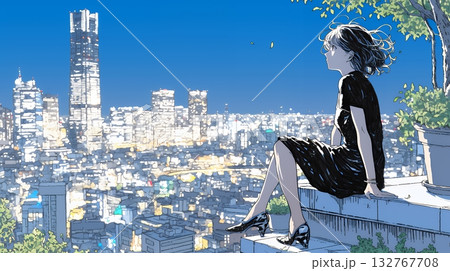 都市の夜景を眺めている女性