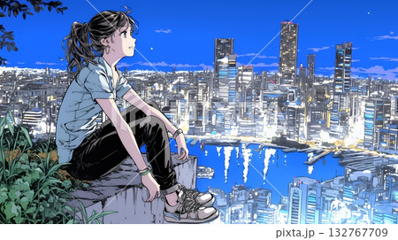 都市の夜景を眺めている女性