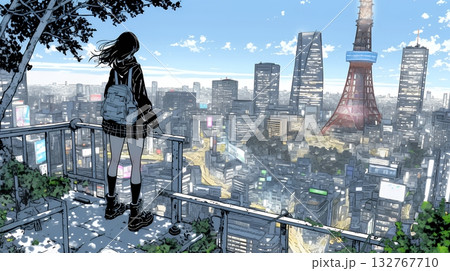 夕暮れ（朝の）都市のランドスケープを眺めている若い女性