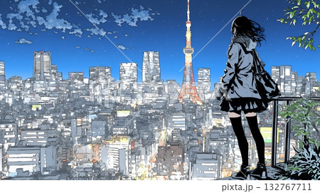 都市の夜景を眺めている女性