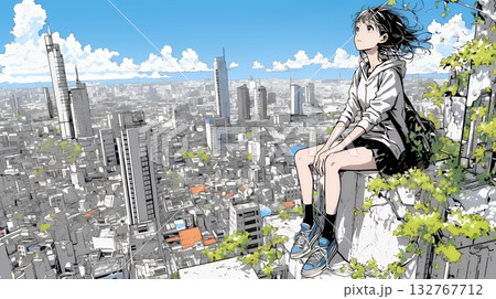 都市のランドスケープを眺めている若い女性