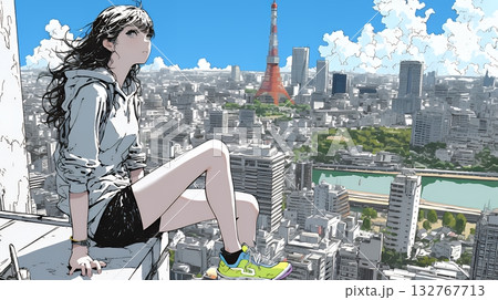 都市のランドスケープを眺めている若い女性