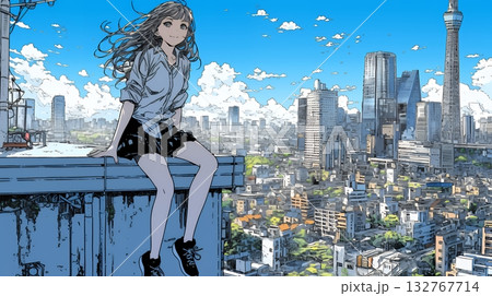 都市のランドスケープを眺めている若い女性