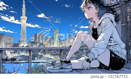 都市の夜景を眺めている女性