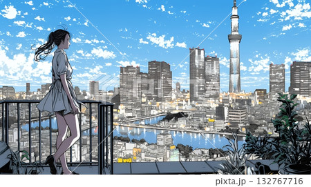 都市の夜景を眺めている女性