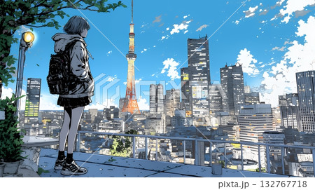 都市の夜景を眺めている女性