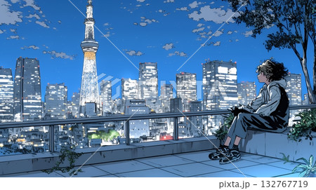 都市の夜景を眺めている女性