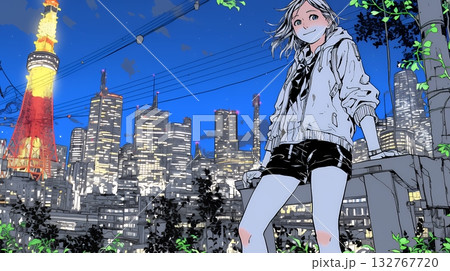 都市の夜景を眺めている女性