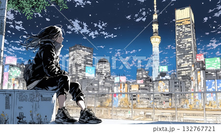 都市の夜景を眺めている女性