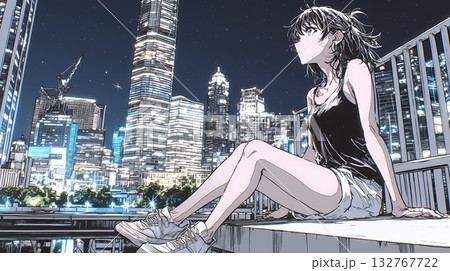 都市の夜景を眺めている女性