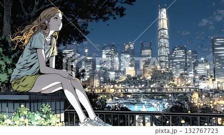 都市の夜景を眺めている女性 132767723