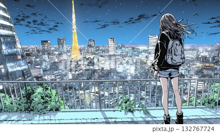 都市の夜景を眺めている女性 132767724