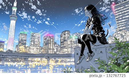 都市の夜景を眺めている女性