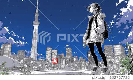 都市の夜景を眺めている女性