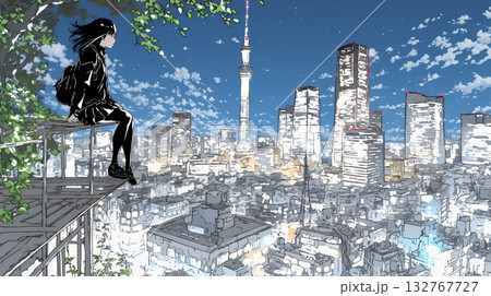 都市の夜景を眺めている女性