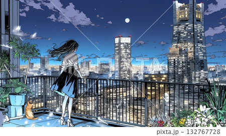 都市の夜景を眺めている女性