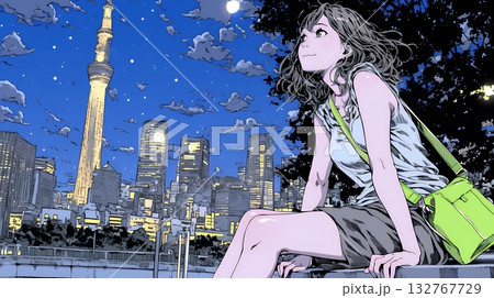 都市の夜景を眺めている女性