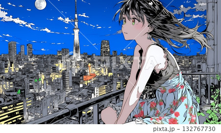 都市の夜景を眺めている女性