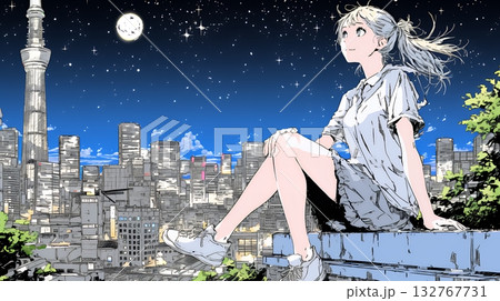 都市の夜景を眺めている女性