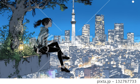 都市の夜景を眺めている女性