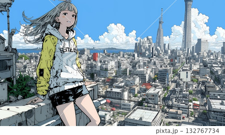 都市のランドスケープを眺めている若い女性