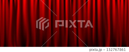 Red velvet curtain background. Closed curtains wallpaper for theater stage or cinema, circus. Crimson fabric drapery backdrop for award, show, performance. Vector textile room scene banner concept 132767861
