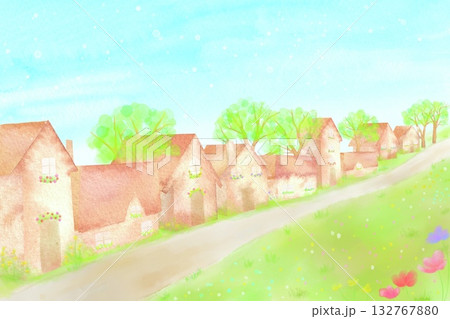 緑あふれる豊かな街並みの水彩イラスト。SDGs。サステナブル。 緑あふれる豊かな街並みの水彩イラスト。SDGs。サステナブル。 132767880