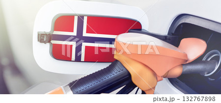 The Norway flag on the lid of the gas tank of a car at a gas station in close-up. High or low gasoline prices at Norwegian gas stations. Gasoline prices are rising due to a shortage of diesel fuel 132767898