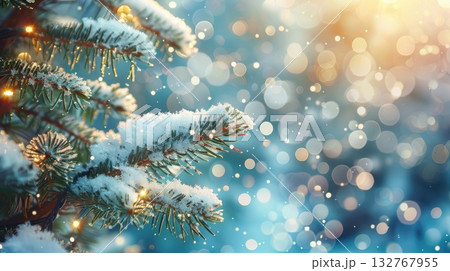 Festive Winter Holiday Greeting Card: Close-Up of Snowy Pine Fir Tree Branch with Fairy Lights and Bokeh Background 132767955