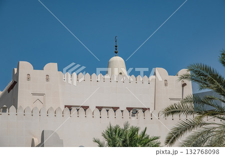 White Abu Dhabi mosque, Facade of Masjit mosque in a family Park 256 132768098