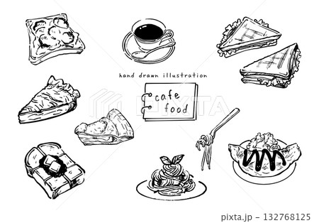 可愛いカフェフードの手書きイラスト　モノクロ 132768125