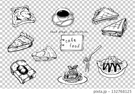 可愛いカフェフードの手書きイラスト　モノクロ 132768125