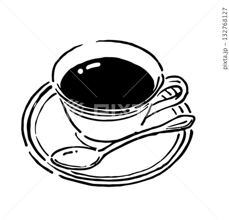 コーヒーの手書きイラスト　モノクロ 132768127