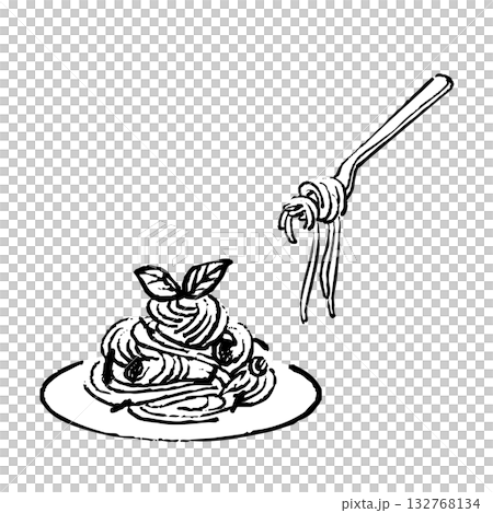 パスタの手書きイラスト　モノクロ 132768134