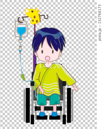 A child sitting in a wheelchair with an IV drip and holding his hand towards the tire A child sitting in a wheelchair with an IV drip and holding his hand towards the tire 132768173