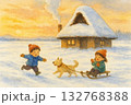 昭和の田舎の雪景色と遊んでいる子供たち 132768388