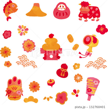 お正月の縁起物イラスト　暖色 132768401