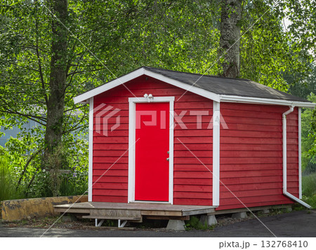 New modern Shed model in a backyard. Goods depot, Storage Shed for household, warehouse. 132768410