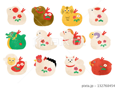 十二支の置物のイラストセット 水彩タッチ 十二支の置物のイラストセット 水彩タッチ 132768454