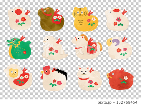 十二支の置物のイラストセット 水彩タッチ 十二支の置物のイラストセット 水彩タッチ 132768454