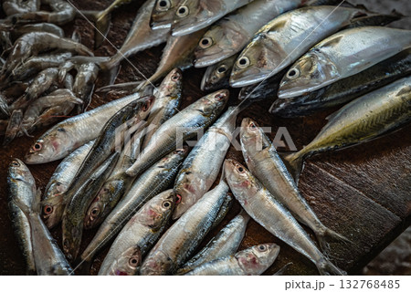 Fish variety on market. Fresh catch of fish, top view. Tropical Seafood in the Market 132768485